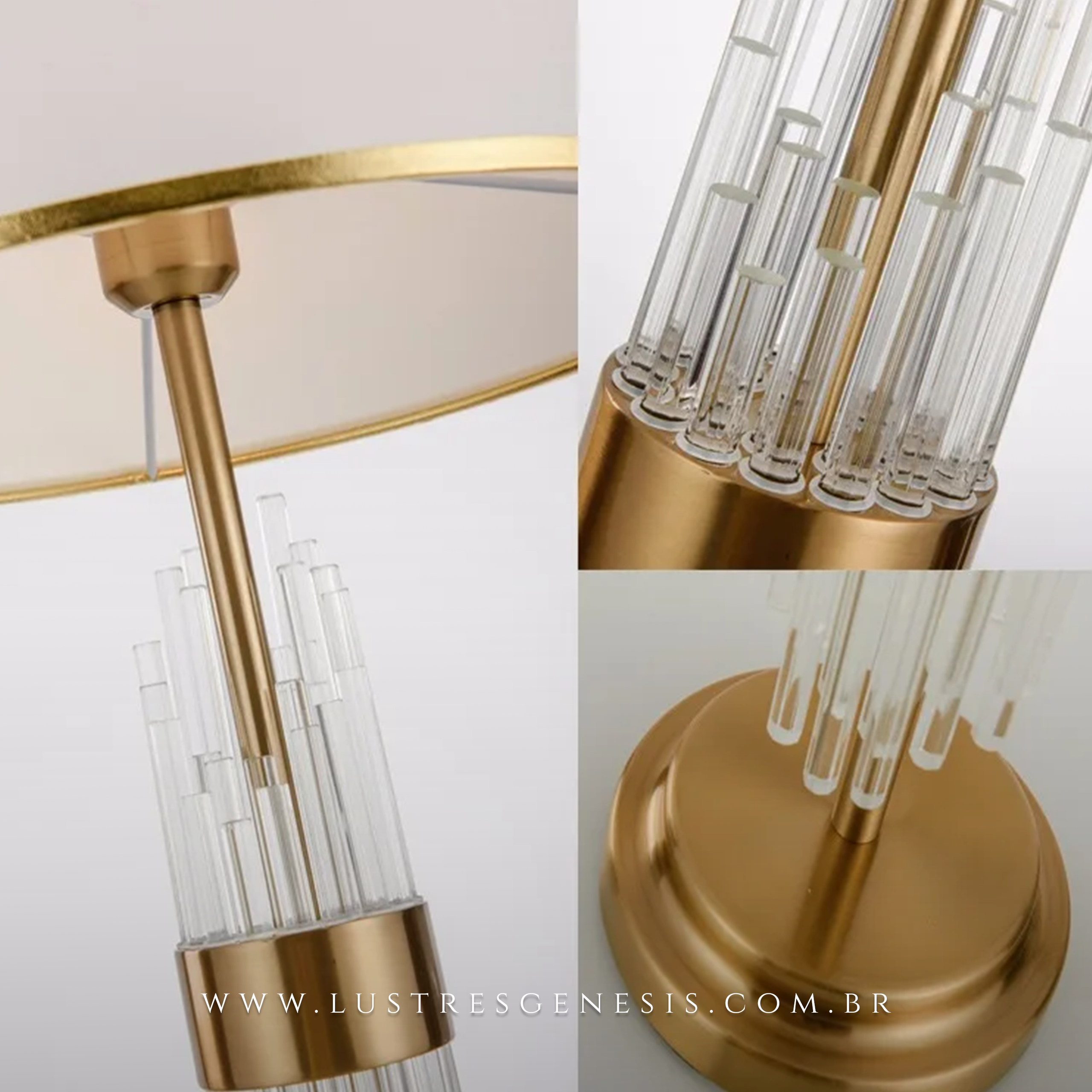 Abajur Ares com cúpula branca e detalhes dourados, base de metal dourado e hastes em vidro, ideal para quartos ou escritórios sofisticados.